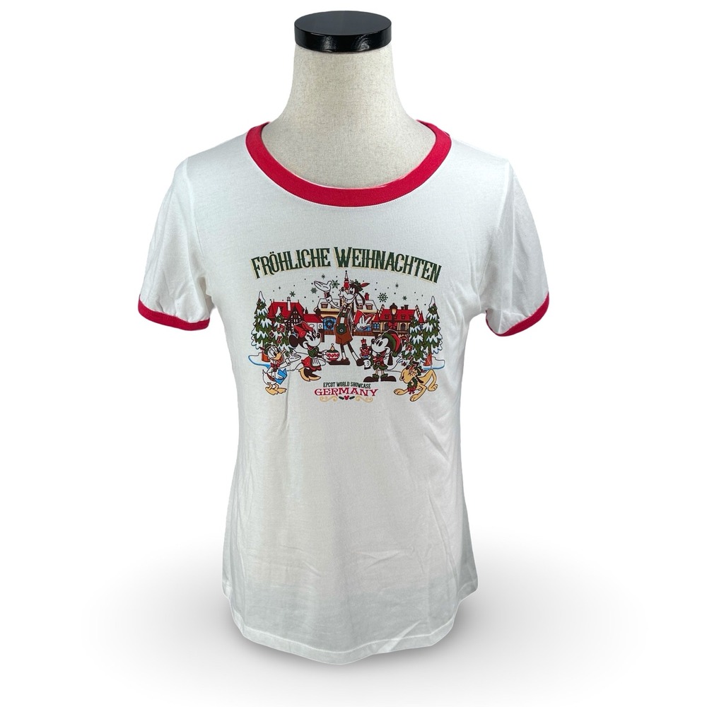 Disney Epcot World Showcase Germany Frohliche Weihnachten Ringer Tee White Red L